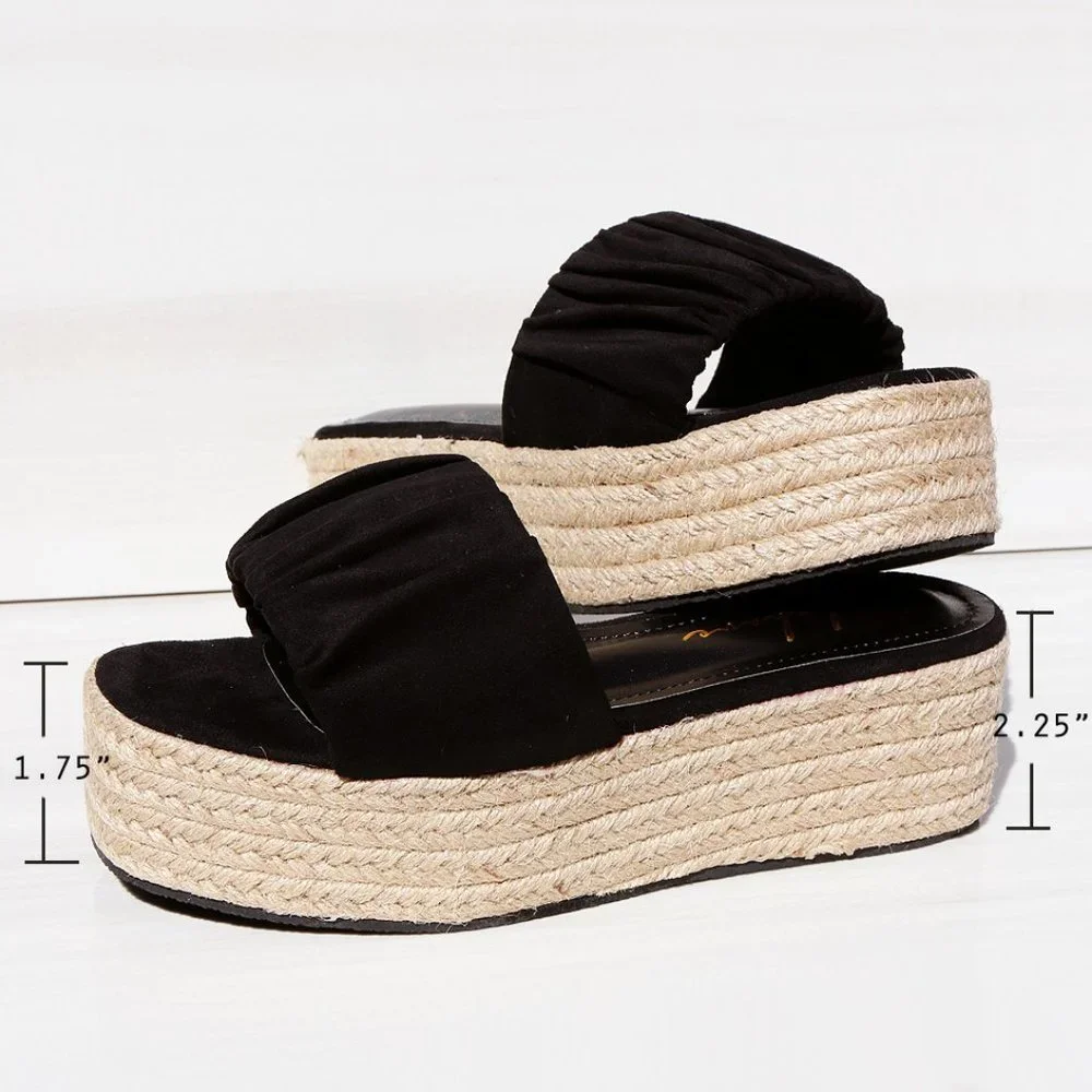 NEW Black Ruched Faux Suede Espadrille Slip On Slides Wedge Platform Sandal Shoe